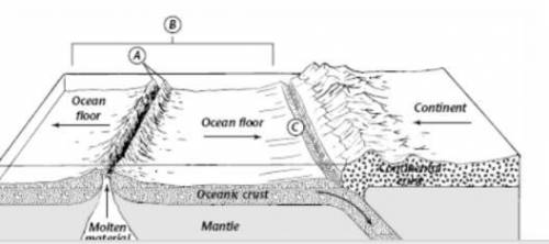 Name and describe the feature of the ocean floor shown at A.