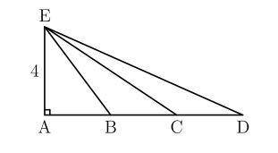 In right triangle EAD with right angle at A, AE=4 units, AB=BC=CD and the area of triangle ABE=6 sq