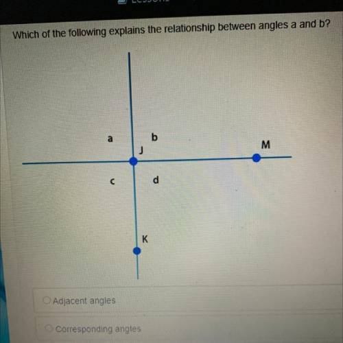 Which of the following explains the relationship between angles a and b?

A. Adjacent angles
B. Co