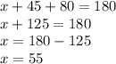x + 45 + 80 = 180 \\ x + 125 = 180 \\ x = 180 - 125 \\ x = 55 \degree