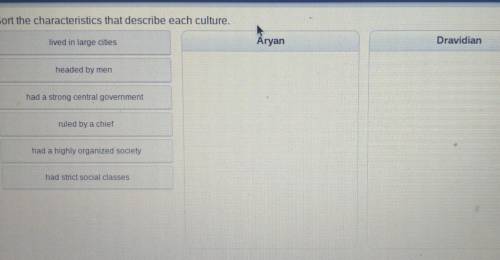 Sort the characteristics that descnbe each culture. Aryan Dravidian lived in large cities headed by