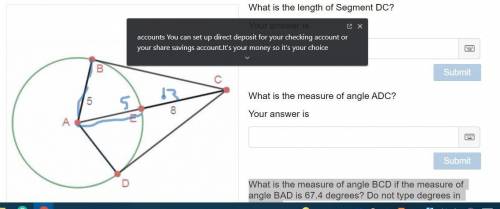 What is the measure of angle BCD if the measure of angle BAD is 67.4 degrees? Do not type degrees i