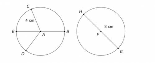 Here are two circles. Their centers are A and F. For number answers below, just type the number, an