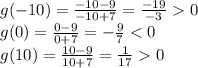g(-10) = \frac{-10-9}{-10+7} =\frac{-19}{-3} 0\\g(0) = \frac{0-9}{0+7}=-\frac{9}{7} 0