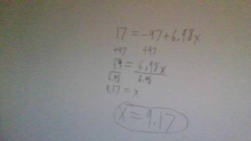 17 = -47 + 6.98x. solve the equation. round your answer to the nearest hundredth