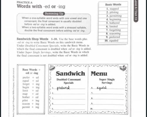Use the base word plus -ed or -ing to write basic words on this sandwich menu. Under doubled conson