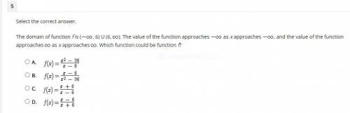 Select the correct answer.

The domain of function f is (, 6) U (6, ). The value of the function a