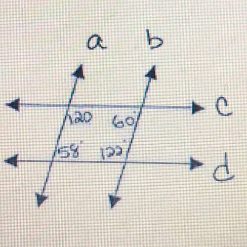 Which lines are parallel? Why?

A) No lines are parallel 
B) a || b by the same side interior angl