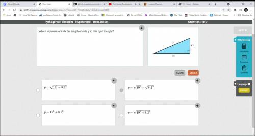 Which expression finds the length of side y in this right triangle?