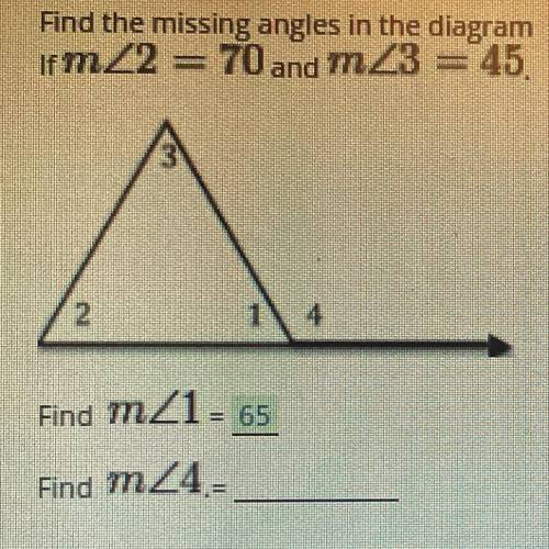 Find the missing angles in the diagram
find m<4!
need help quickly!!