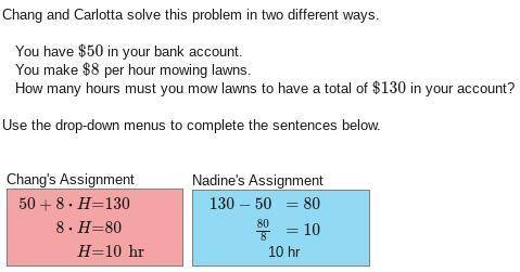 Chang and Carlotta solve this problem in two different ways.

You have $50 in your bank account.
Y