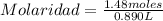 Molaridad=\frac{1.48 moles}{0.890 L}