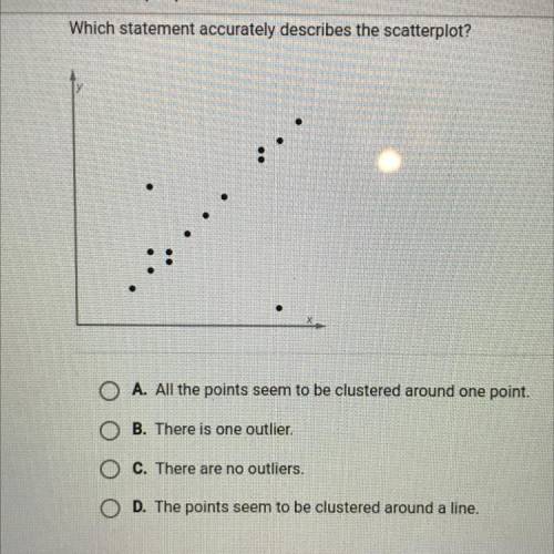 Which statement accurately describes the scatterplot?

A. All the points seem to be clustered arou