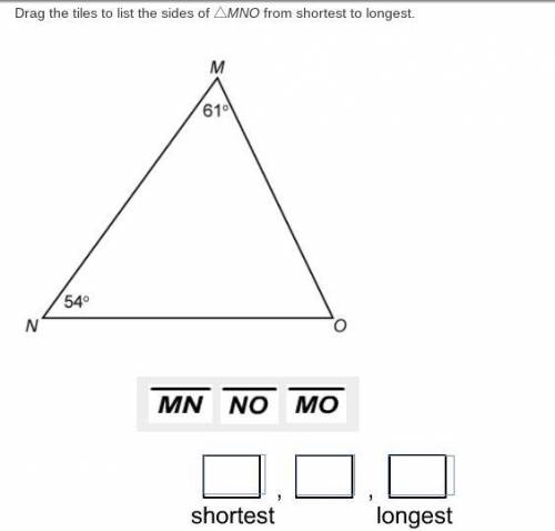 TWO QUESTIONS! PLEASE ANSWER!

Drag the tiles to list the sides of △MNO from shortest to longest.