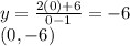 y=\frac{2(0)+6}{0-1}=-6\\(0,-6)