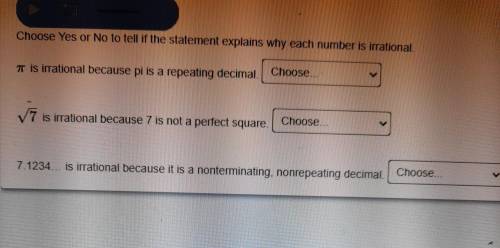 Choose Yes or No to tell if the statement explains why each number is irratior
