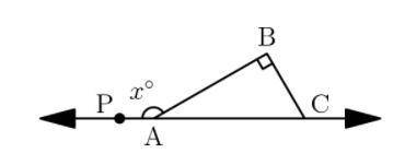 Triangle $ABC$ is a right triangle. If the measure of angle $PAB$ is $x^\circ$ and the measure of a