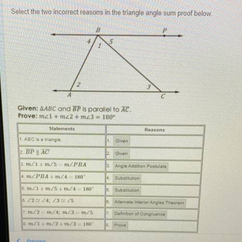 Select the two incorrect reasons in the triangle angle sum proof below

Given: Triangle ABC and Li