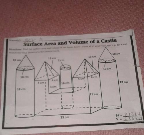 Surface area and volume of a castle secondary mathshop 2016? are my anwers correct?