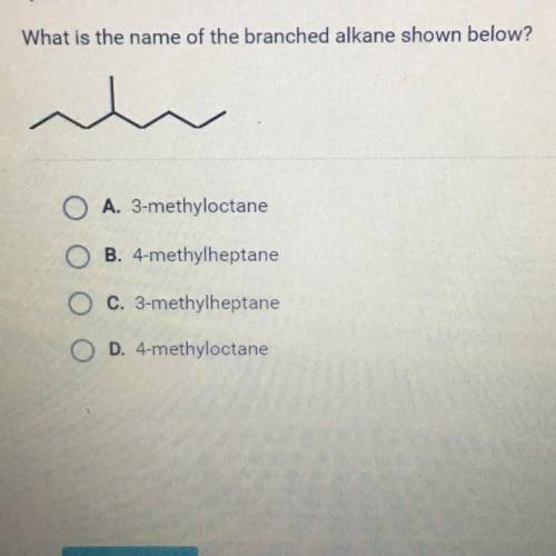 What is the name of the branched alkane shown below?

لہ
A. 3-methyloctane
B. 4-methylheptane
C. 3