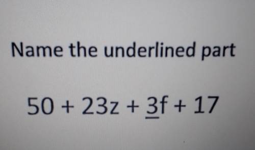 Name the underlined part 50+23z+3f+17 (3 is underlined)