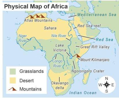 What physical features are depicted on the map? Choose three correct answers.

grasslands
deserts