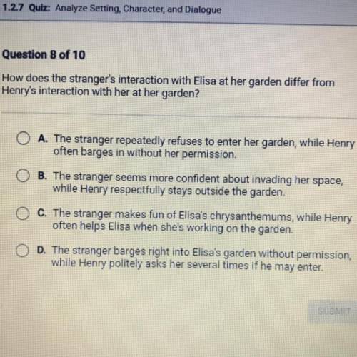 How does the stranger's interaction with Elisa at her garden differ from

Henry's interaction with