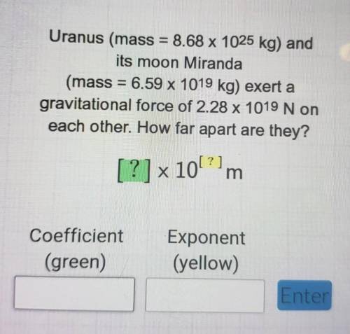 Uranus (mass = 8.68 x 1025 kg) and its moon Miranda (mass = 6.59 x 1019 kg) exert a gravitational f
