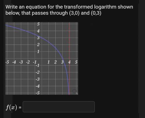 Write an equation for the transformed logarithm shown below, that passes through (3,0) and (0,3)