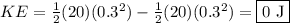 KE = \frac{1}{2}(20)(0.3^2) - \frac{1}{2}(20)(0.3^2) = \boxed{0 \text{ J}}
