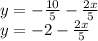 y = -\frac{10}{5} - \frac{2x}{5}\\y = -2 -\frac{2x}{5}