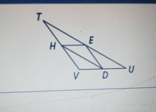 Points E, D, and H are the midpoints of the sides of TUV. UV=68, TV=88, and HD=68. Find HE.