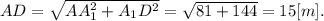 AD=\sqrt{AA_1^2+A_1D^2} =\sqrt{81+144}=15[m].