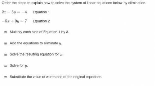 Order the steps to explain how to solve the system of linear equations below by elimination.

2x−3