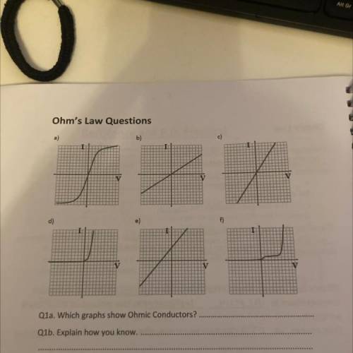 Ohm's Law Questions

b)
XXX
f)
d
d)
V
Q1a. Which graphs show Ohmic Conductors?
Q1b. Explain how yo