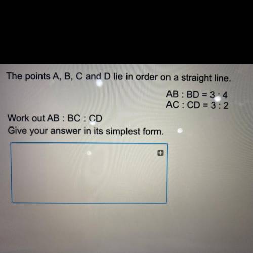 The points A, B, C and D lie in order on a straight line.

AB : BD = 3:4
AC: CD = 3:2
Work out AB
