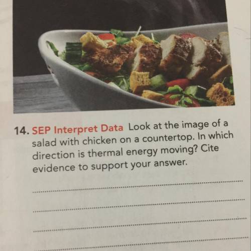 Look at the image of a

salad with chicken on a countertop. In which
direction is thermal energy m
