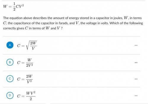 The equation above describes the amount of energy stored in a capacitor in joules, WWW, in terms CC
