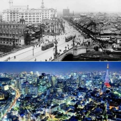 List atleast 5 differences you can see in Tokyo of 1945 and 2010.