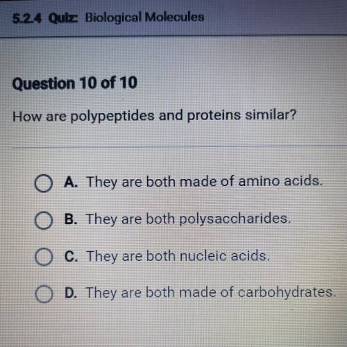 How are polypeptides and proteins similar?

A. They are both made of amino acids.
B. They are both