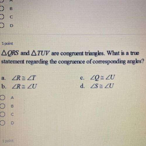 AQRS and ATUV are congruent triangles. What is a mu

statement regarding the congnence of comespon