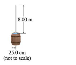 A wooden barrel full of water has a flat circular top of radius 25.0 cm with a small hole in it. A