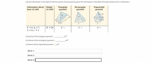Use the information in the table to find the volume of each pyramid, given the information in the t
