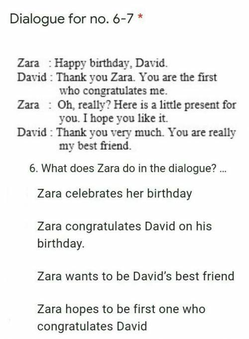 Please help

What does Zara give to David? … A. A gift.B. A birthday cakeC. A greeting card.D. A s
