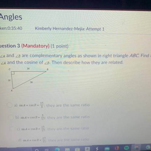 angel a and b are Complementary angles as shown in right triangle ABC find the sign of angle-A and