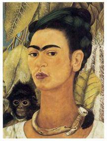Look at the painting Self Portrait with Monkey by Frida Kahlo. Describe this work of art in Spanish