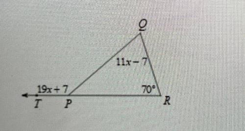 Solve for x and then find the exterior angle of the triangle. Look at your 4.1 notes for the exteri