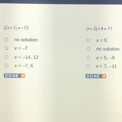 Solve each equation.

|3x+91-30
12x+1=-13
1x+21+4-11
0 x = 5
X X= 7
no solution
x=-7
x = 1, -19
no