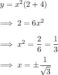 y =x^2(2+4)\\\\\implies 2= 6x^2 \\\\\implies x^2 = \dfrac 26 = \dfrac 13\\\\\implies x = \pm\dfrac 1{\sqrt 3}