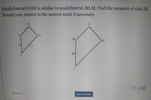 Quadrilateral FGHI is similar to quadrilateral JKLM. Find the measure of side JK Round your answer